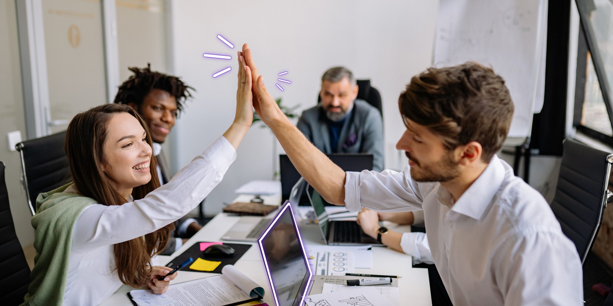 Workers give a friend five